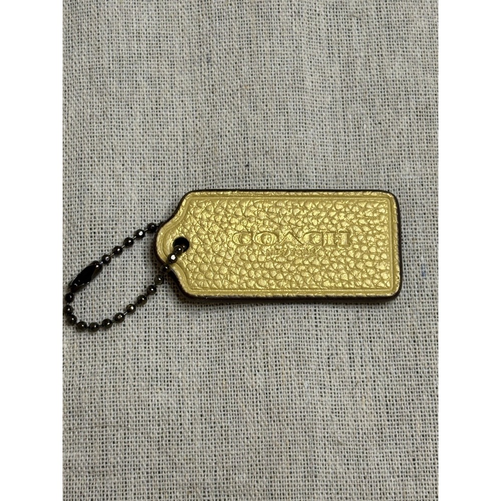 COACH 2.25" Hang Tag Bag Charm Metallic Yellow Gold Leather, Gunmetal Ball Chain